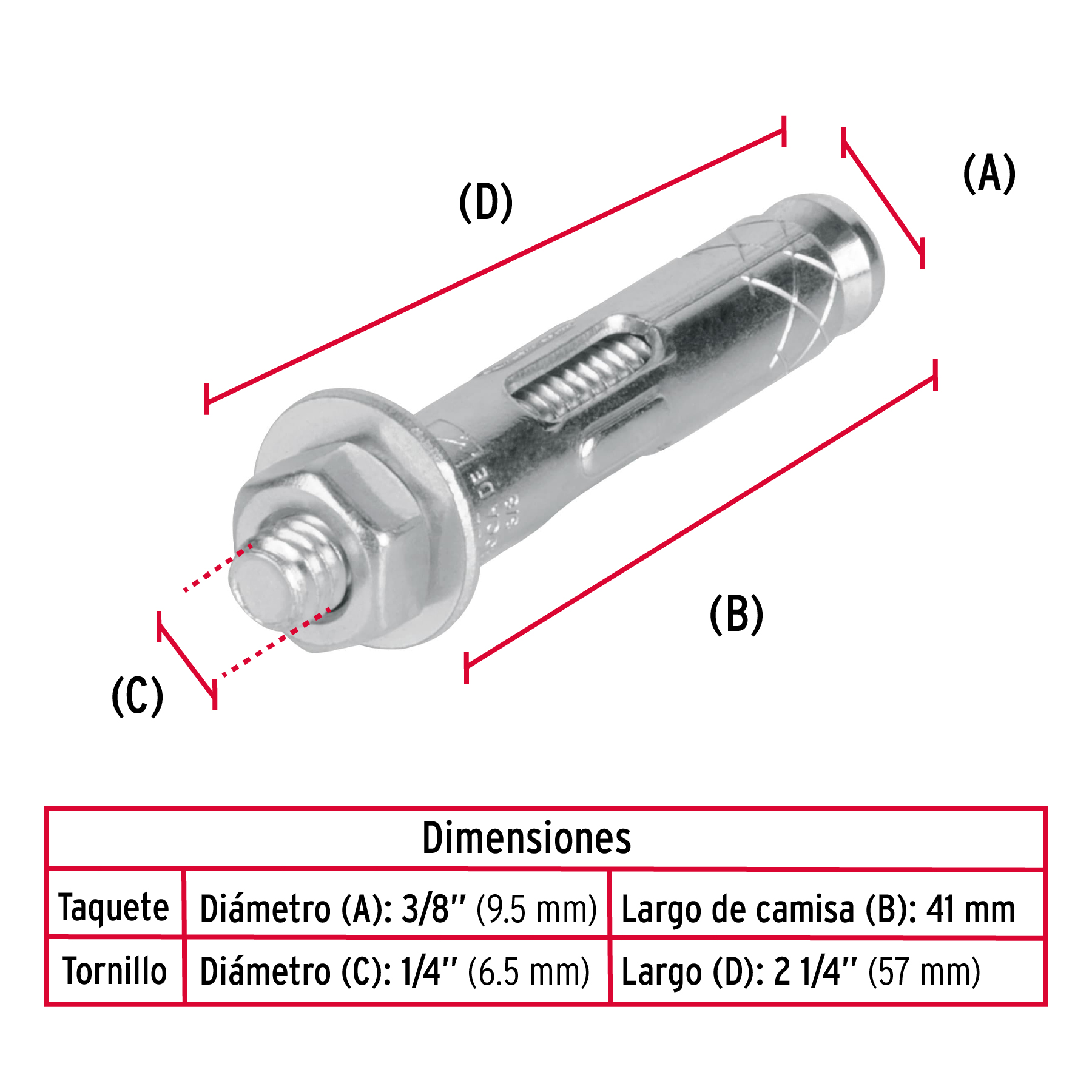Caja de 100 Piezas Taquete de expansion de 1/4" con tornillo
