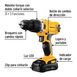 Taladro inalambrico 1/2" bateria ion litio 20V Pretul