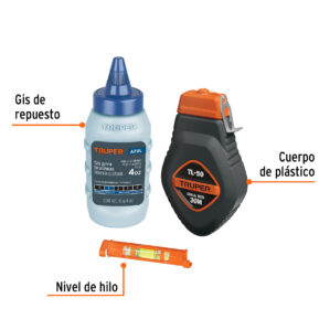 Tiralineas 30m Cuerpo de plastico con nivel y gis