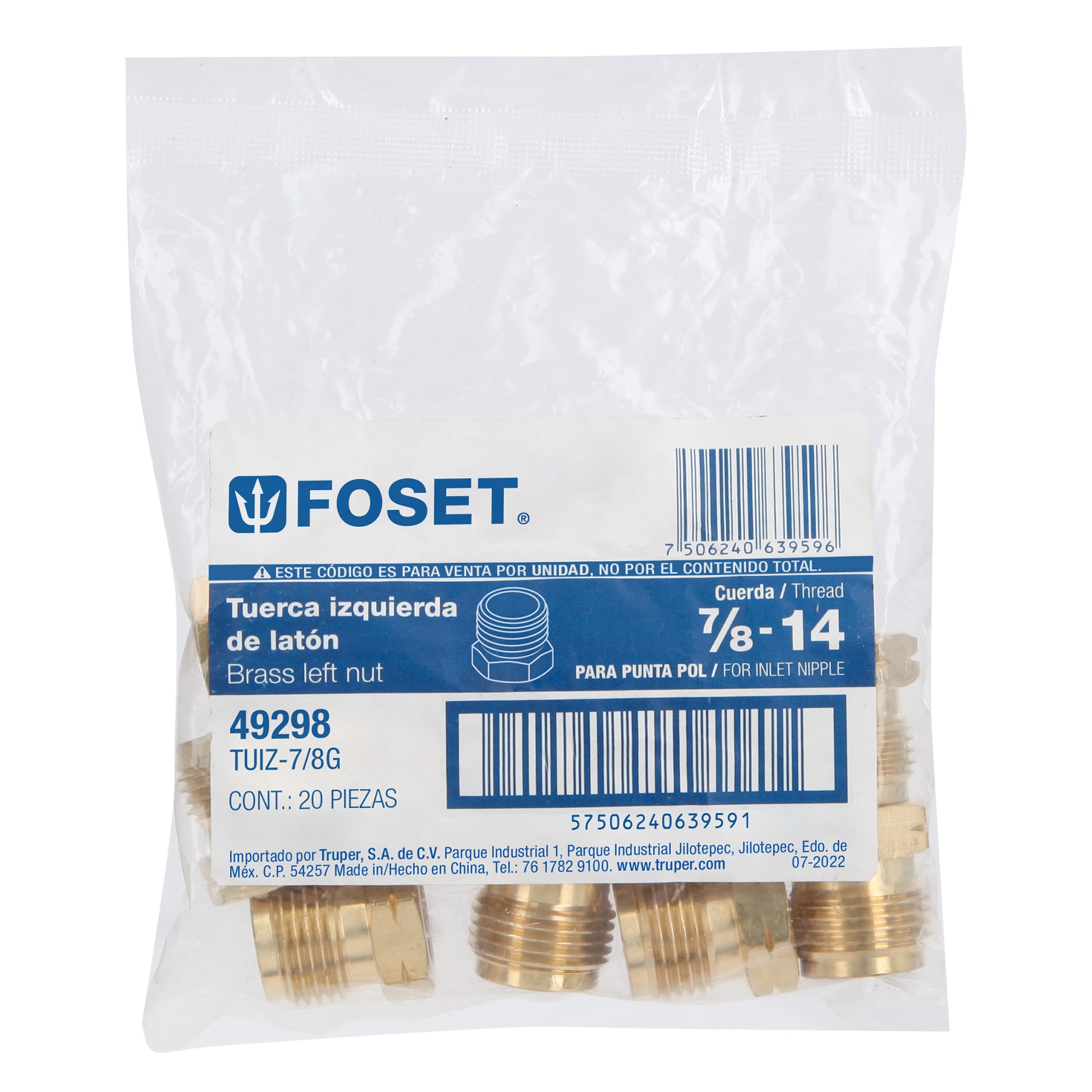 Tuerca Izquierda de Laton 7/8" para Gas